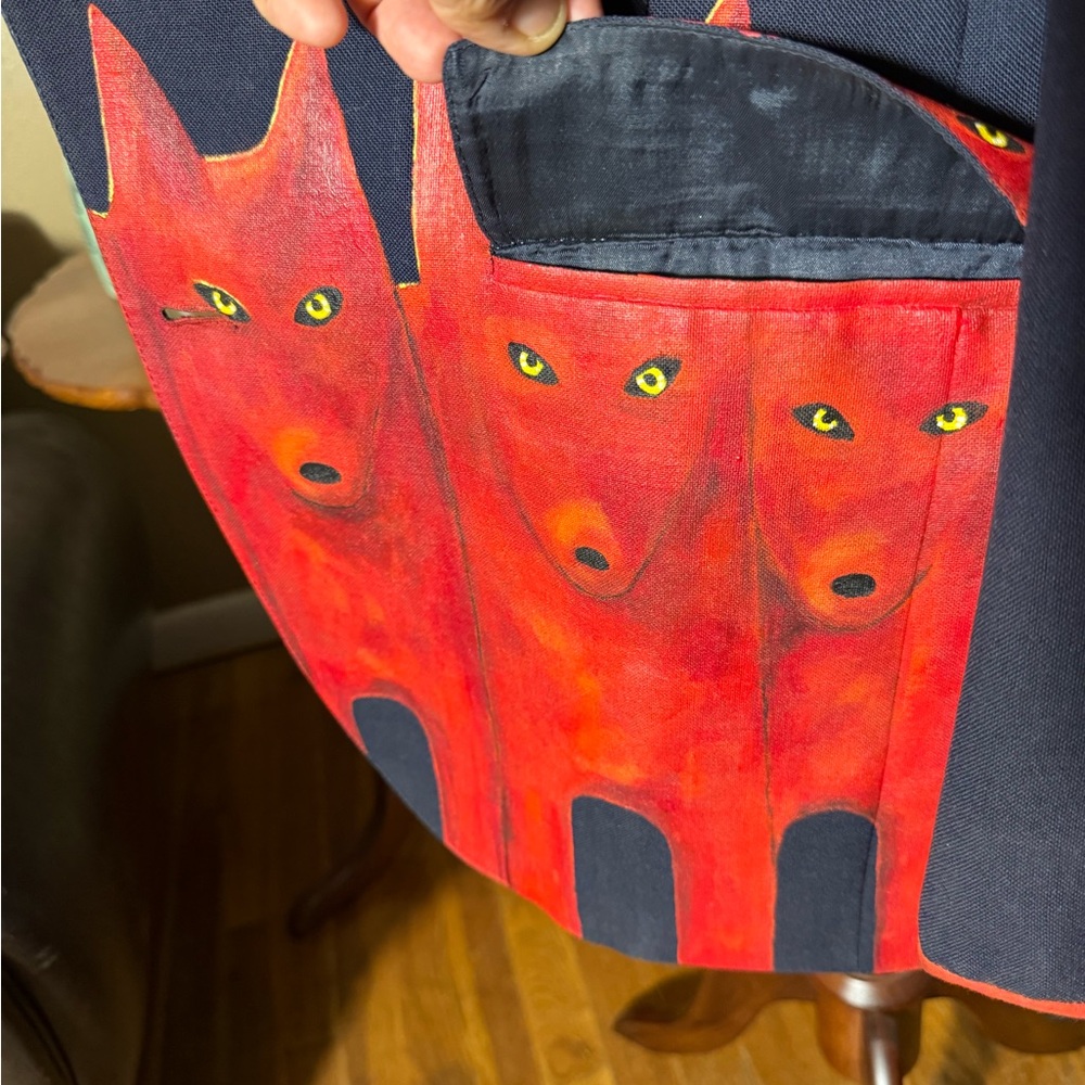 Upcycled Vintage Blazer Handpainted Wolves Statement Piece Pop Art One-of-a-Kind - Picture 9 of 12